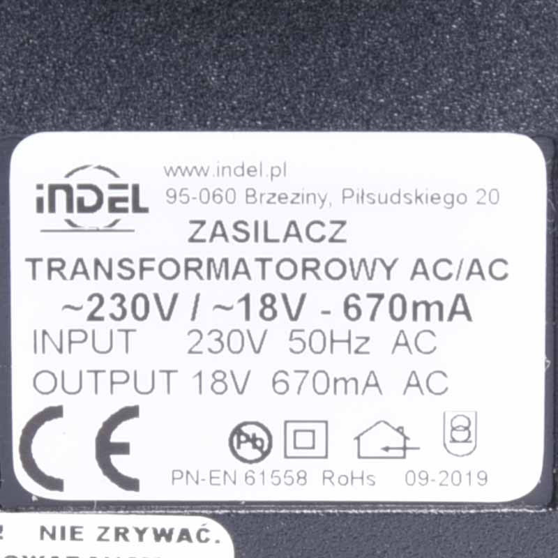 ZASILACZ AC 18V 670mA TRANSFORMATOROWY INDEL