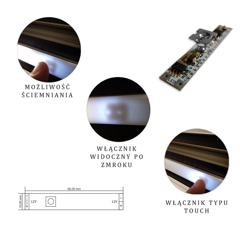 WŁĄCZNIK DOTYKOWY ZE ŚCIEMNIACZEM LED PROFIL 12/24V 5A