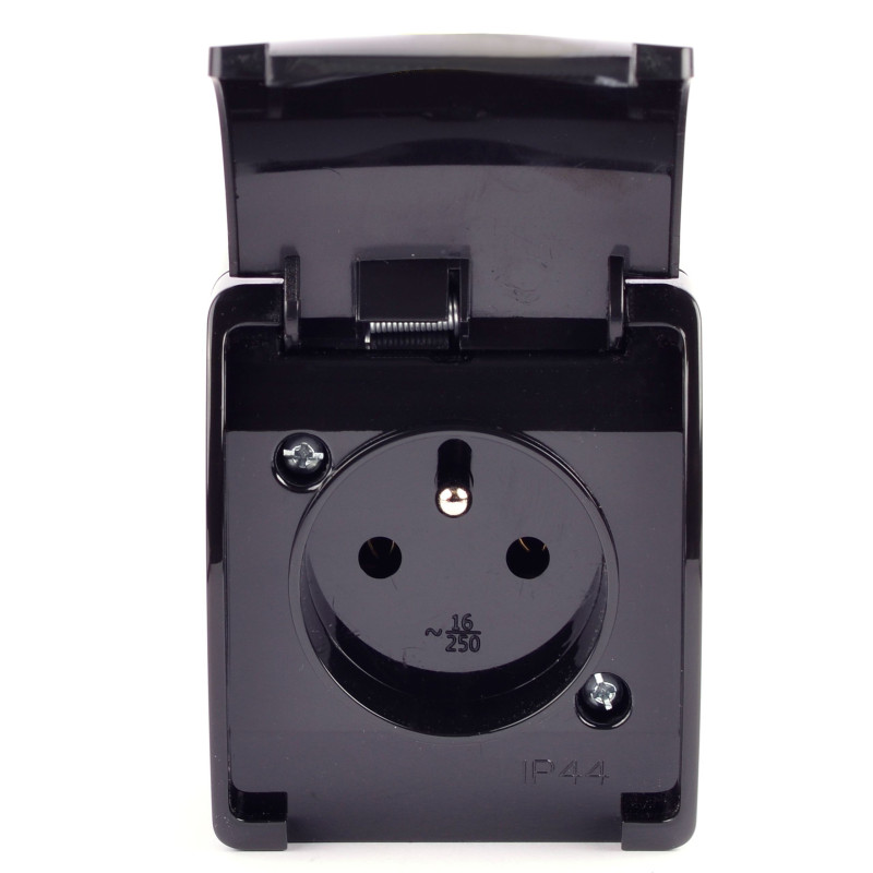 GNIAZDO 230V POJEDYNCZE NATYNKOWE Z UZIEMIENIEM KLAPKA IP44 KOALA VG-1 CZARNE