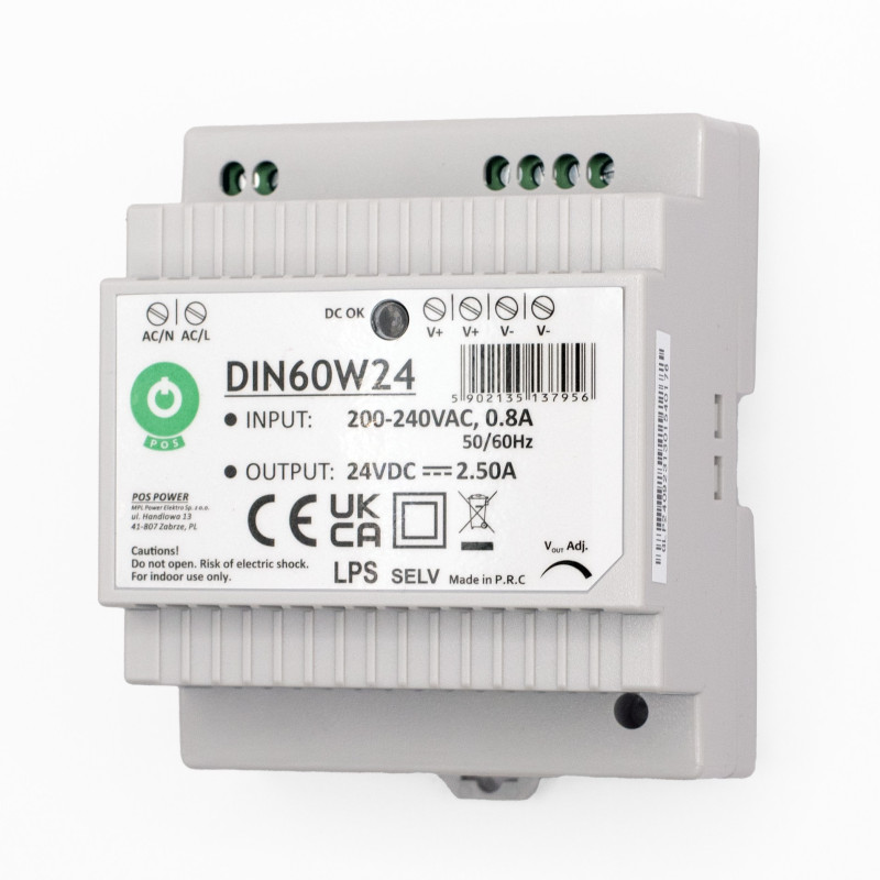 ZASILACZ NA SZYNĘ DIN 24V 60W 2,5A DIN60W24