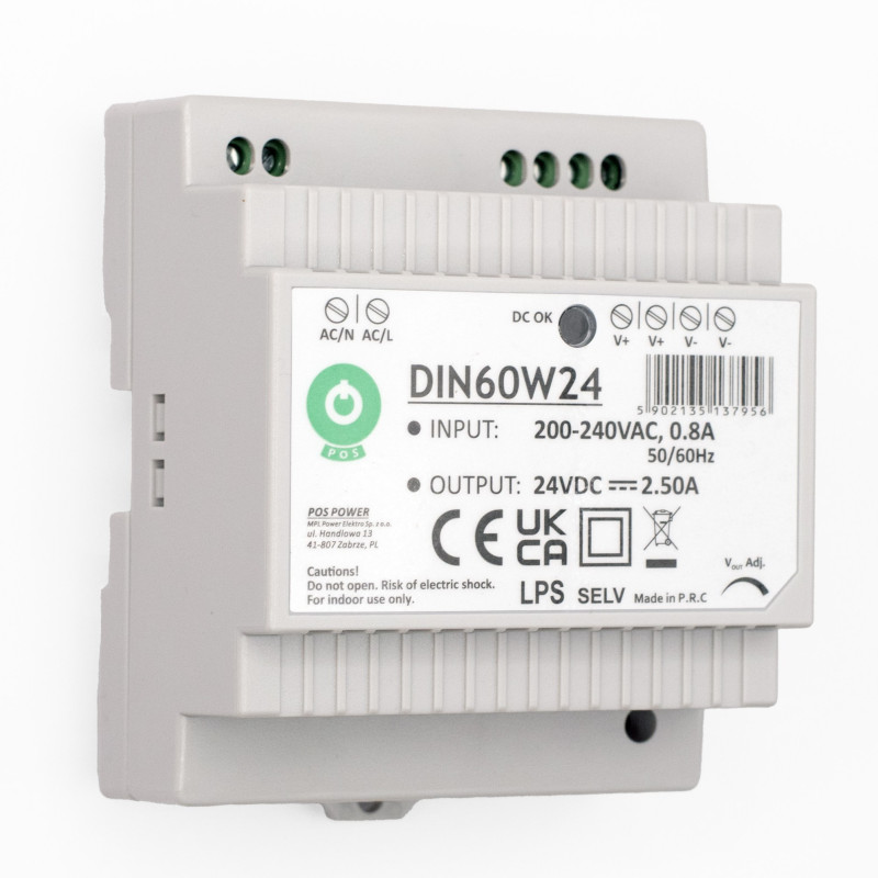 ZASILACZ NA SZYNĘ DIN 24V 60W 2,5A DIN60W24