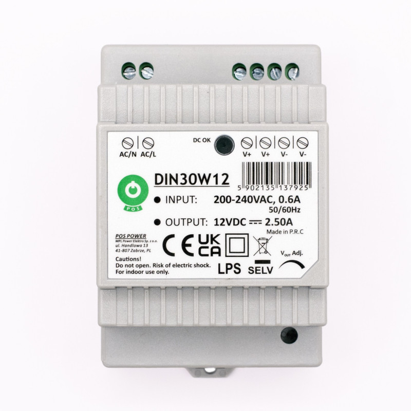 ZASILACZ NA SZYNĘ DIN 12V 30W 2,5A DR30-12