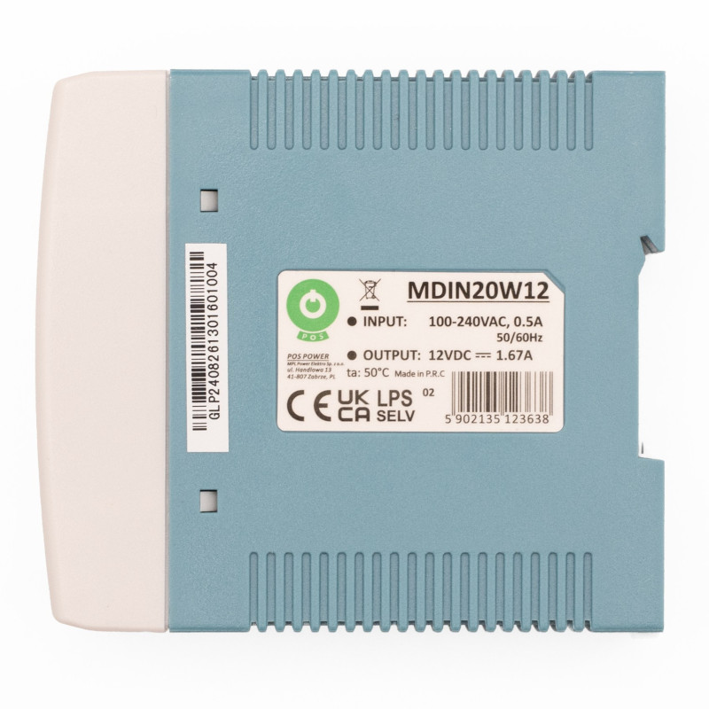 ZASILACZ NA SZYNĘ DIN 12V 20W 1,67A MDIN20W12