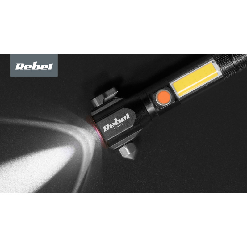 Akumulatorowa latarka wielofunkcyjna Rebel (zoom, nożyk, młotek do szyby).