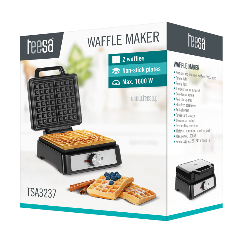 Gofrownica TEESA, 2 gofry, 1600W, inox, regulacja mocy