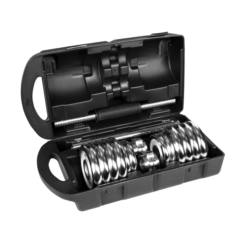 Hantle żeliwne chromowane regulowane w walizce z gryfem, zestaw 15kg REBEL ACTIVE