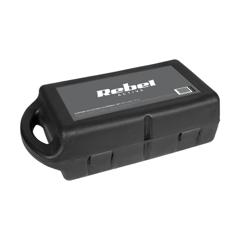 Hantle żeliwne chromowane regulowane w walizce z gryfem, zestaw 15kg REBEL ACTIVE