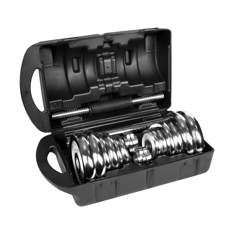 Hantle żeliwne chromowane regulowane w walizce z gryfem, zestaw 20kg REBEL ACTIVE