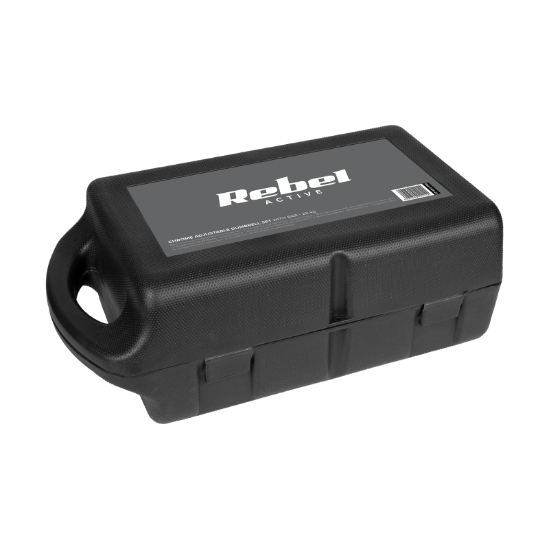 Hantle żeliwne chromowane regulowane w walizce z gryfem, zestaw 20kg REBEL ACTIVE