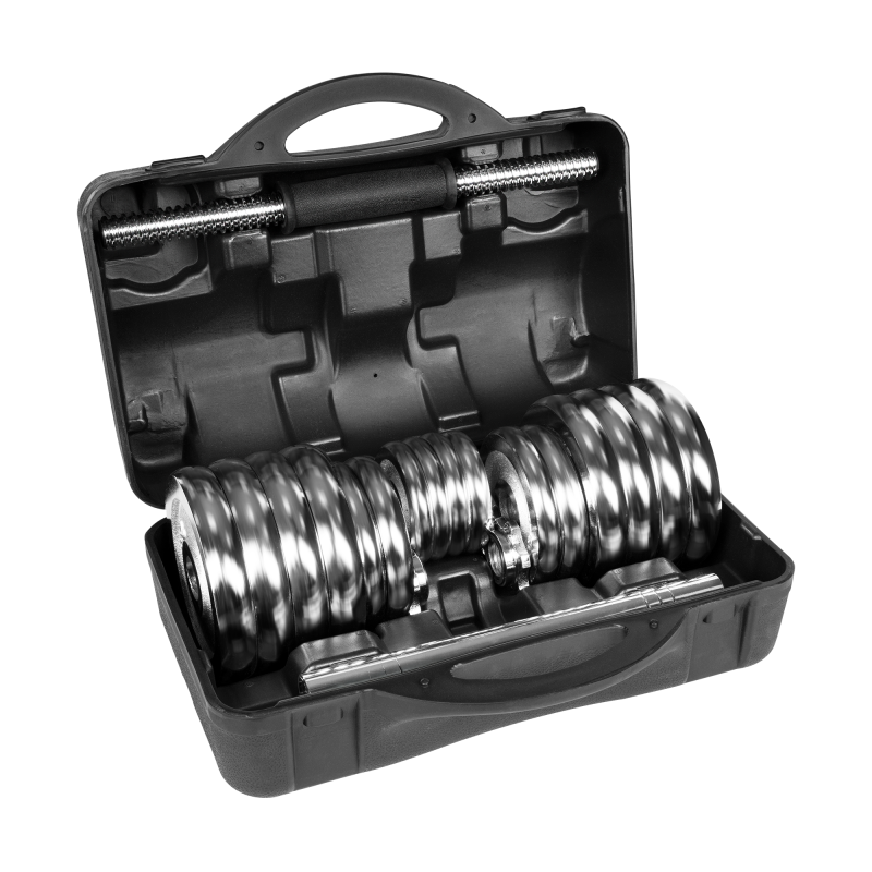 Hantle żeliwne chromowane regulowane w walizce z gryfem, zestaw 30kg REBEL ACTIVE