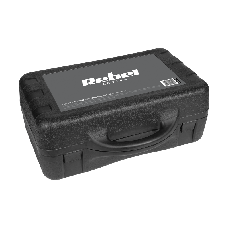 Hantle żeliwne chromowane regulowane w walizce z gryfem, zestaw 30kg REBEL ACTIVE