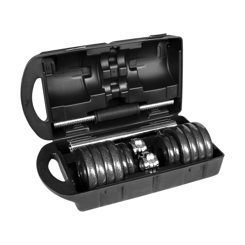 Hantle żeliwne regulowane w walizce z gryfem, zestaw 15kg REBEL ACTIVE