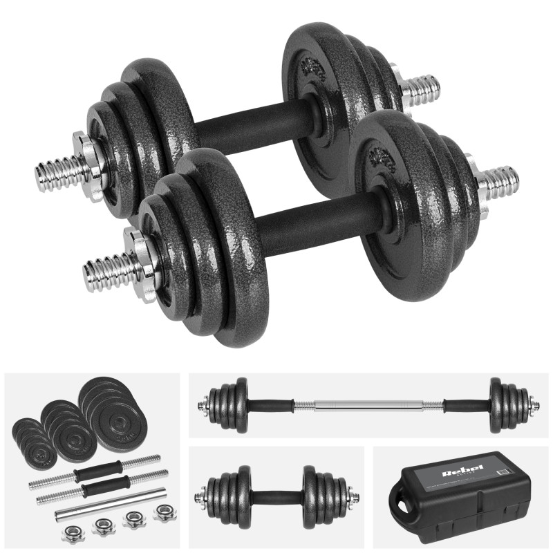 Hantle żeliwne regulowane w walizce z gryfem, zestaw 20kg REBEL ACTIVE