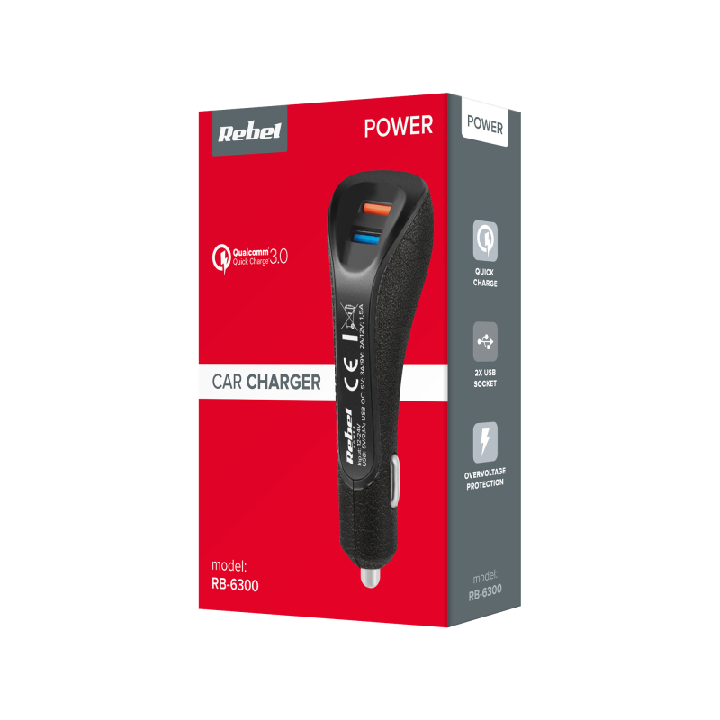 Ładowarka samochodowa REBEL 2xUSB 5100mA 15W z funkcją Quick Charge 3.0