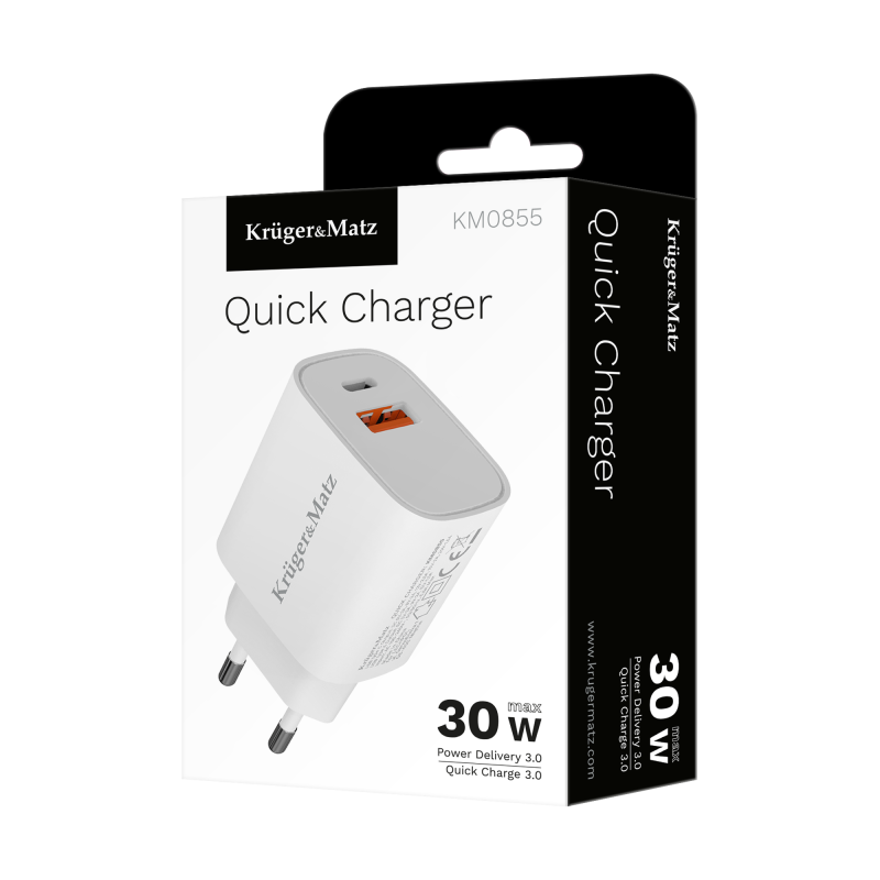 Ładowarka sieciowa Kruger&Matz GaN dual USB z funkcją Power Delivery i Quick Charge