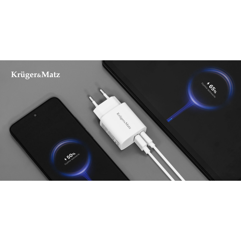 Ładowarka sieciowa Kruger&Matz GaN dual USB z funkcją Power Delivery i Quick Charge
