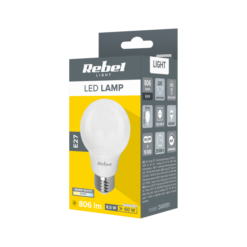 Lampa LED Rebel A60 8,5W E27 3000K, 230V