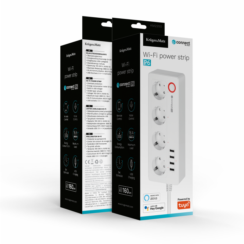 Listwa sieciowa Kruger&Matz 4 gniazda typu niemieckiego i 4xUSB 2100 mA Connect P6 Tuya