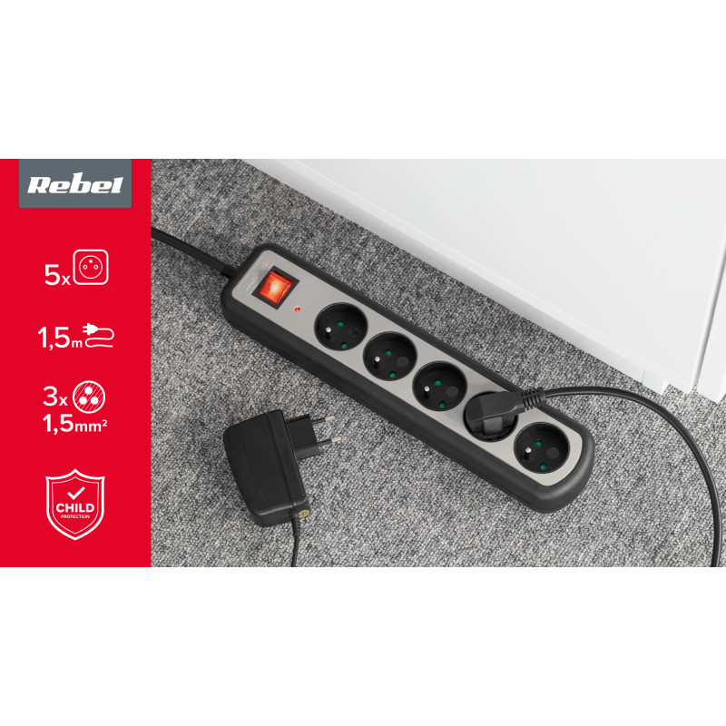 Listwa zasilajaca Rebel 5 gniazd z przełacznikiem, 1,5m (1,5mm)