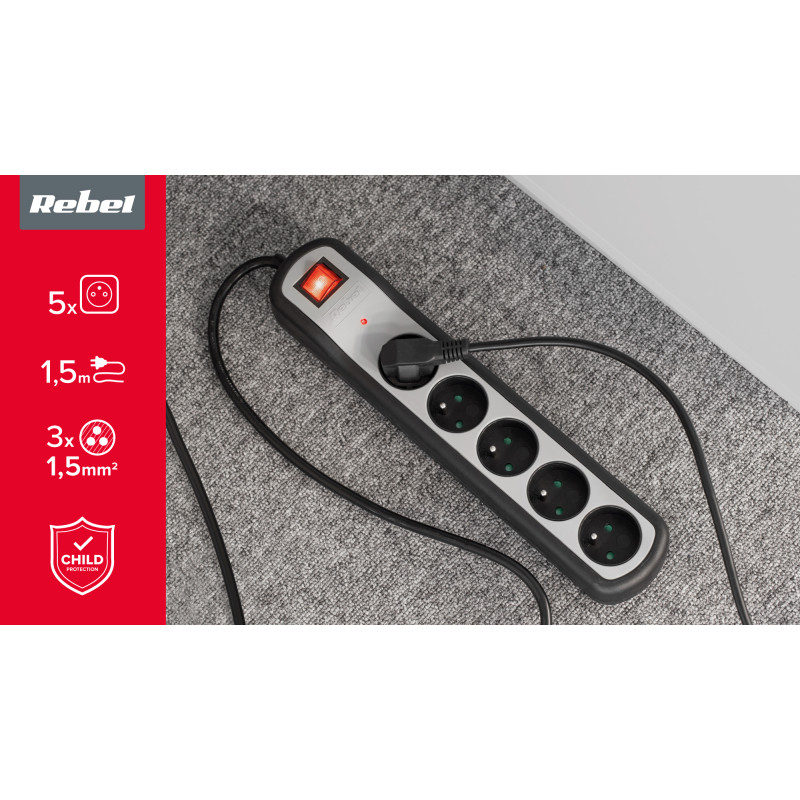 Listwa zasilająca Rebel 5 gniazd z przełącznikiem (1,5m, 3x1,5mm)