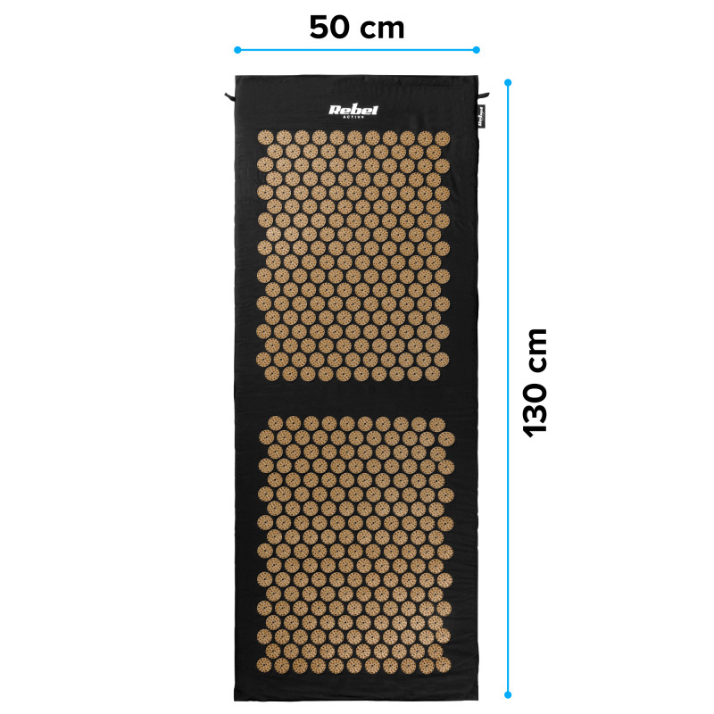 Mata zdrowotna ECO z kolcami do akupresury z poduszką, 130x50cm, XXL, złote kolce, Rebel Active