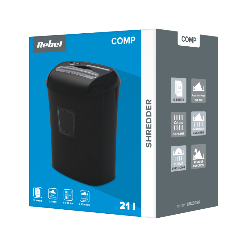Niszczarka dokumentów REBEL, kart, CD z koszem 21 L