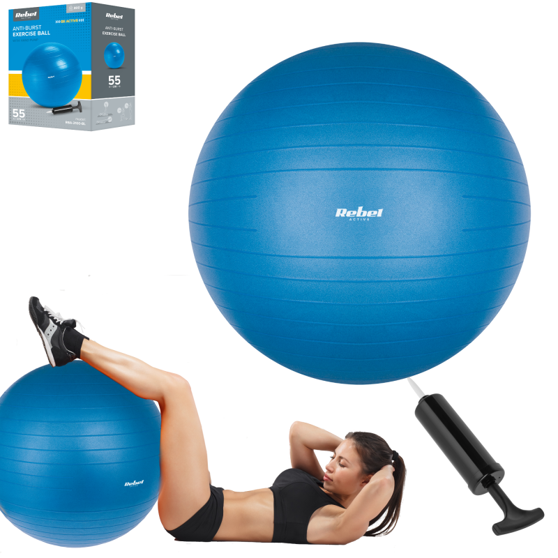 Piłka gimnastyczna rehabilitacyjna 55cm z pompką ręczną, kolor niebieski , REBEL ACTIVE