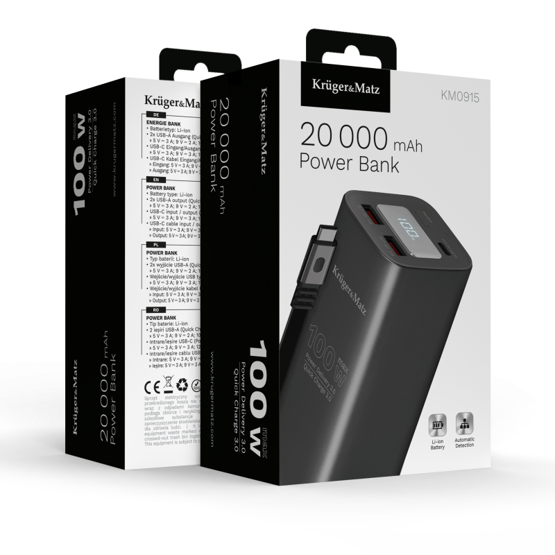 PowerBank Kruger&Matz 20000 mAh Li-ion 100W z funkcją QC oraz PD