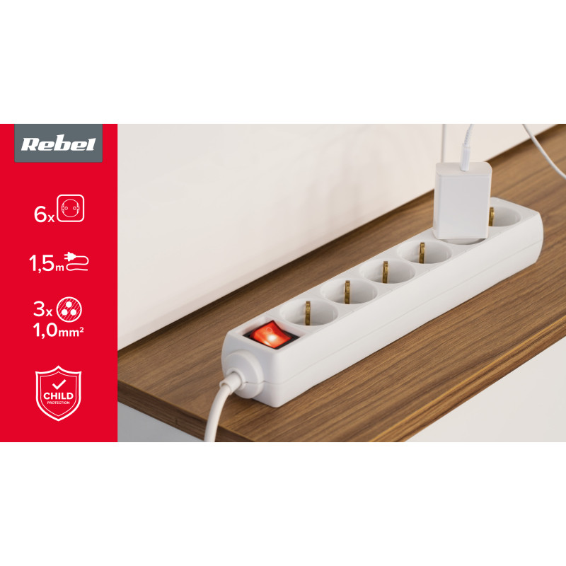 Przedłużacz biały 6 gniazd typu niemieckiego, dł. 1,5m (3x1.0) z przełącznikiem