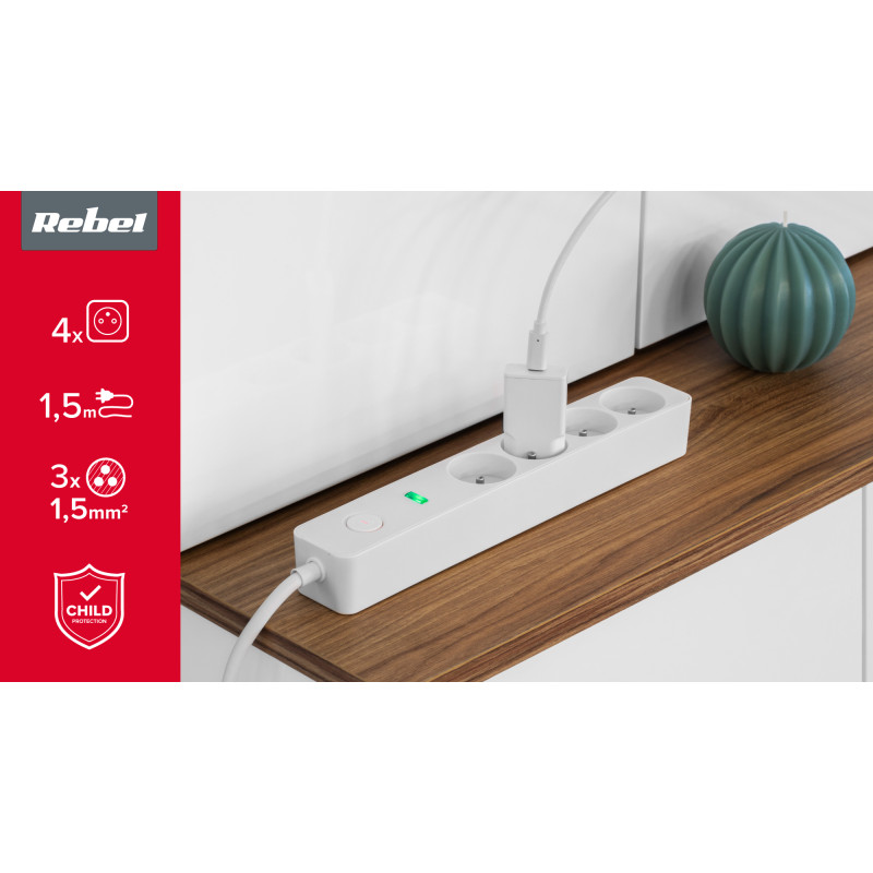 Przedłużacz sieciowy Rebel 4 gniazda z wyłącznikiem -1,5m