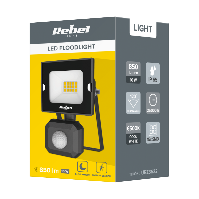 Reflektor led 10W Rebel z sensorem zmierzchu i ruchu, 6500K, 230V