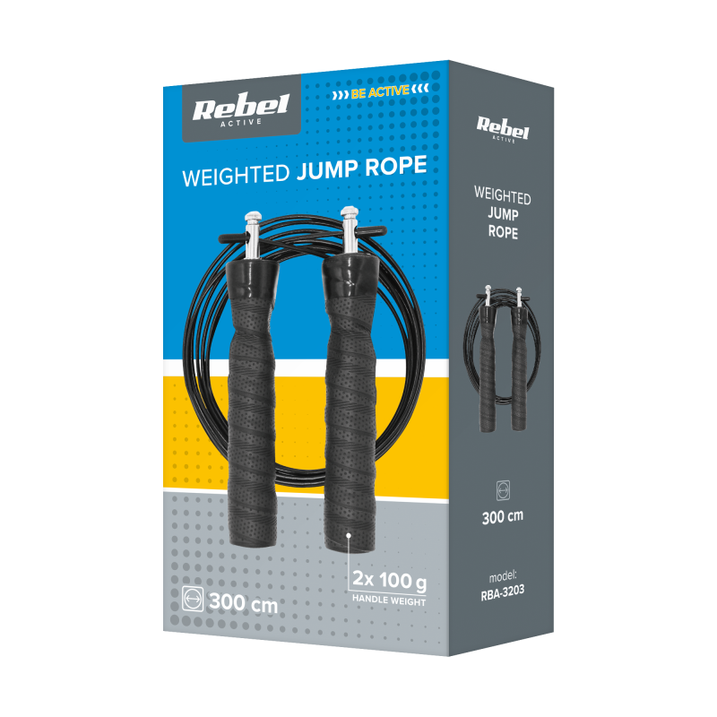 Skakanka bokserska z gumową rączką z obciążeniem 2x100g i metalowym łożyskiem 300cm regulowana, REBEL ACTIVE