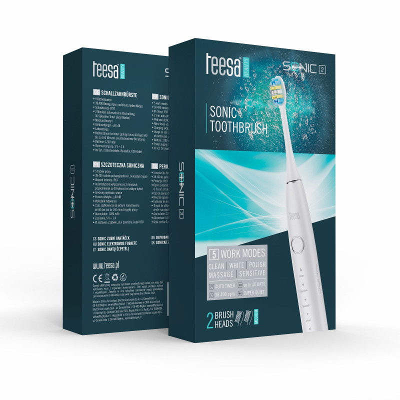 Soniczna szczoteczka do zębów TEESA SONIC 2 biała, 5 trybów pracy, etui podróżne , USB typ C