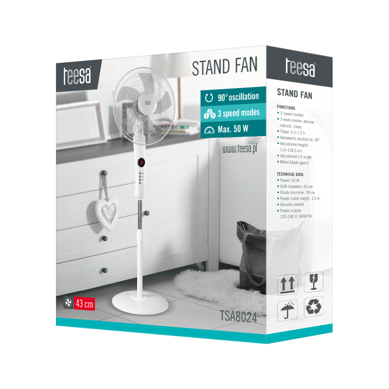Wentylator stojący Teesa sterowany pilotem (biały)