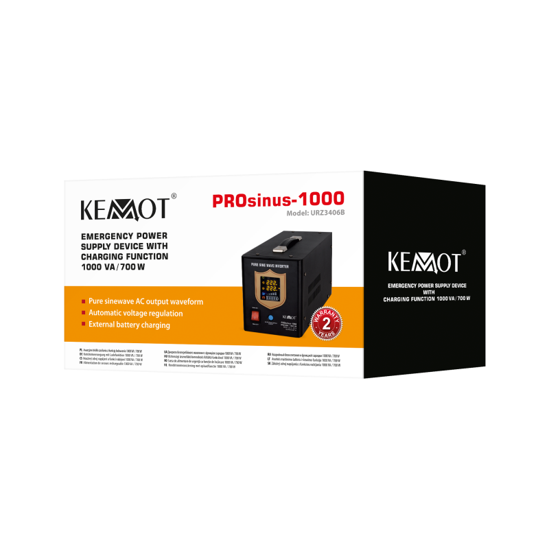 Zasilacz awaryjny KEMOT PROsinus-1000 przetwornica z czystym przebiegiem sinusoidalnym i funkcją ładowania 12V 230V 1000VA/700W 