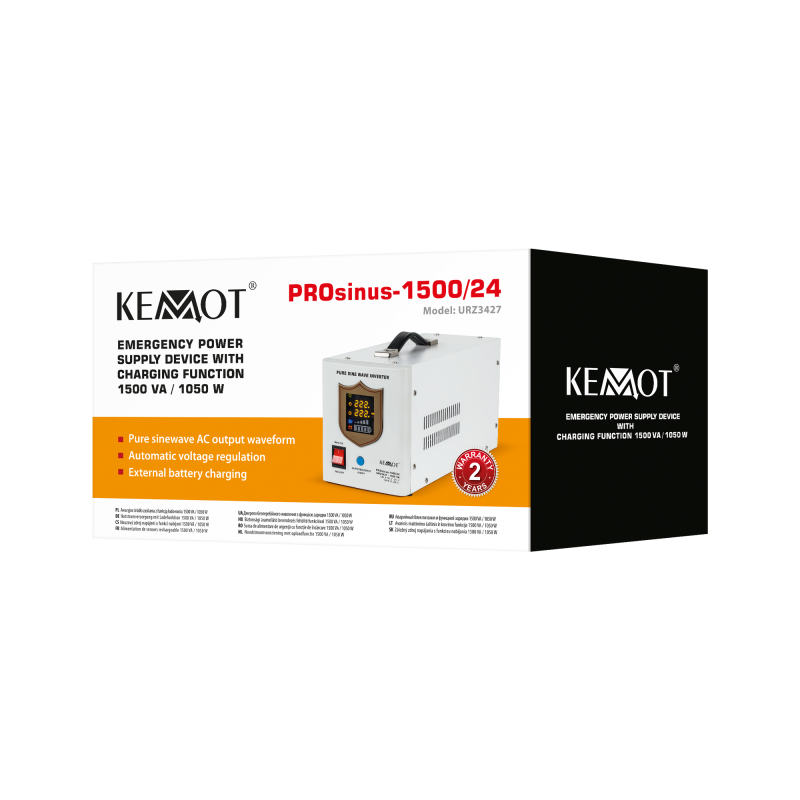 Zasilacz awaryjny KEMOT PROsinus-1500/24 przetwornica z czystym przebiegiem sinusoidalnym i funkcją ładowania 24V 230V 1500VA/10