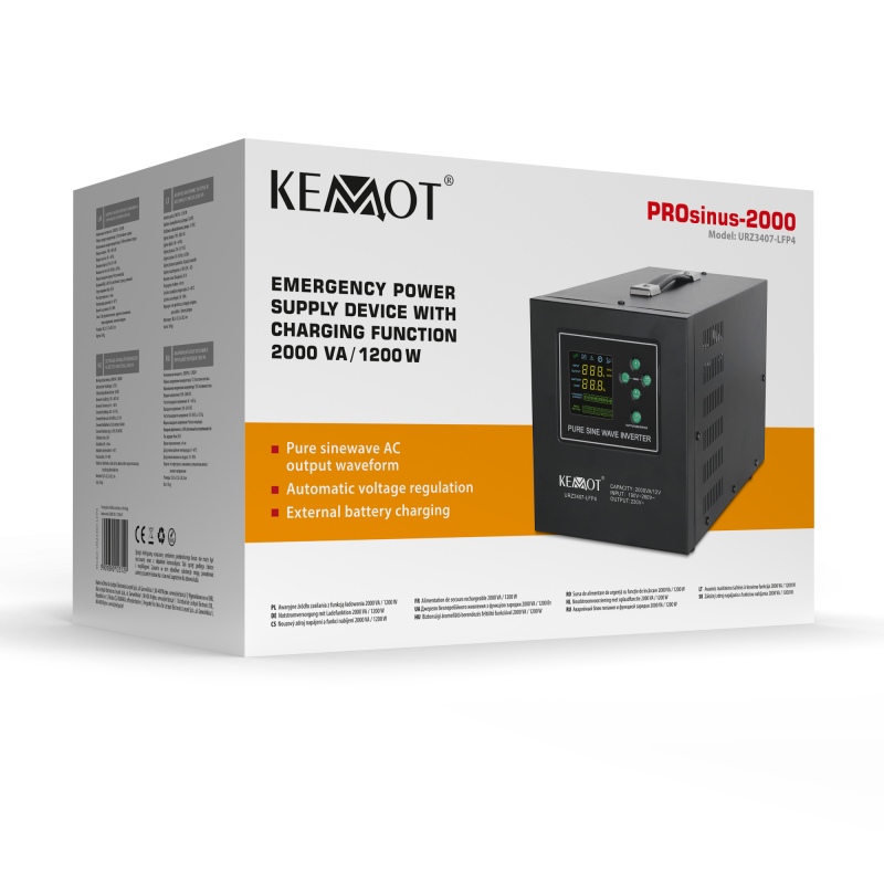 Zasilacz awaryjny KEMOT PROsinus-2000 przetwornica z czystym przebiegiem sinusoidalnym i funkcją ładowania 12V 230V 2000VA/1200W
