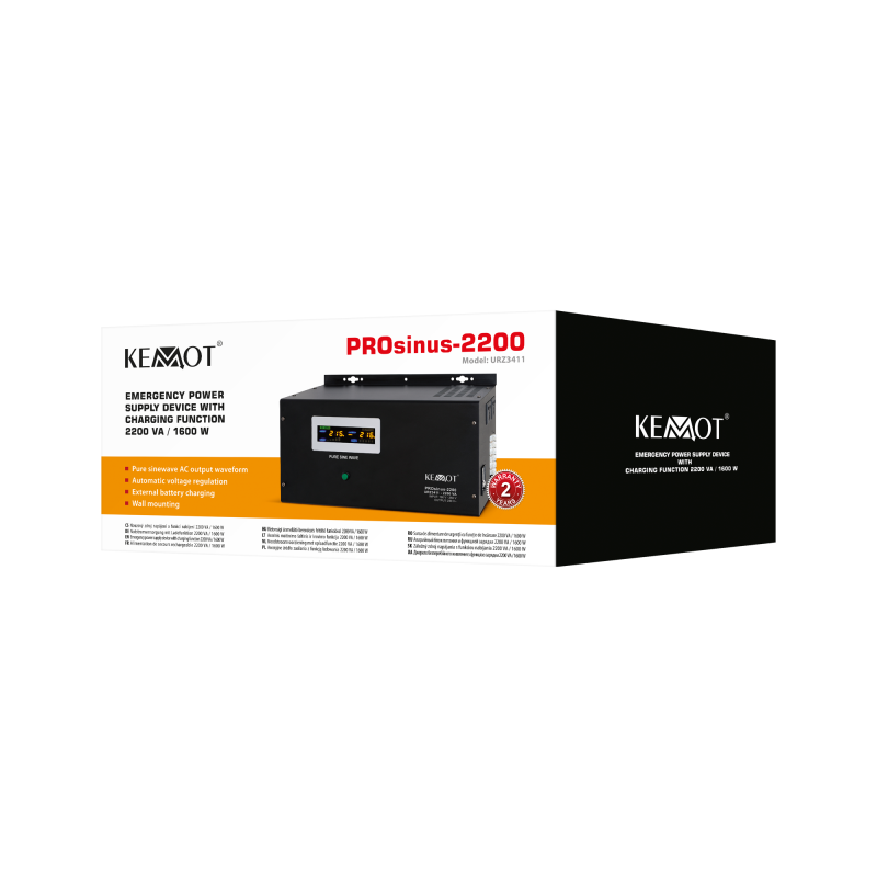 Zasilacz awaryjny naścienny KEMOT PROsinus-2200 przetwornica z czystym przebiegiem sinusoidalnym i funkcją ładowania 12V 230V 22