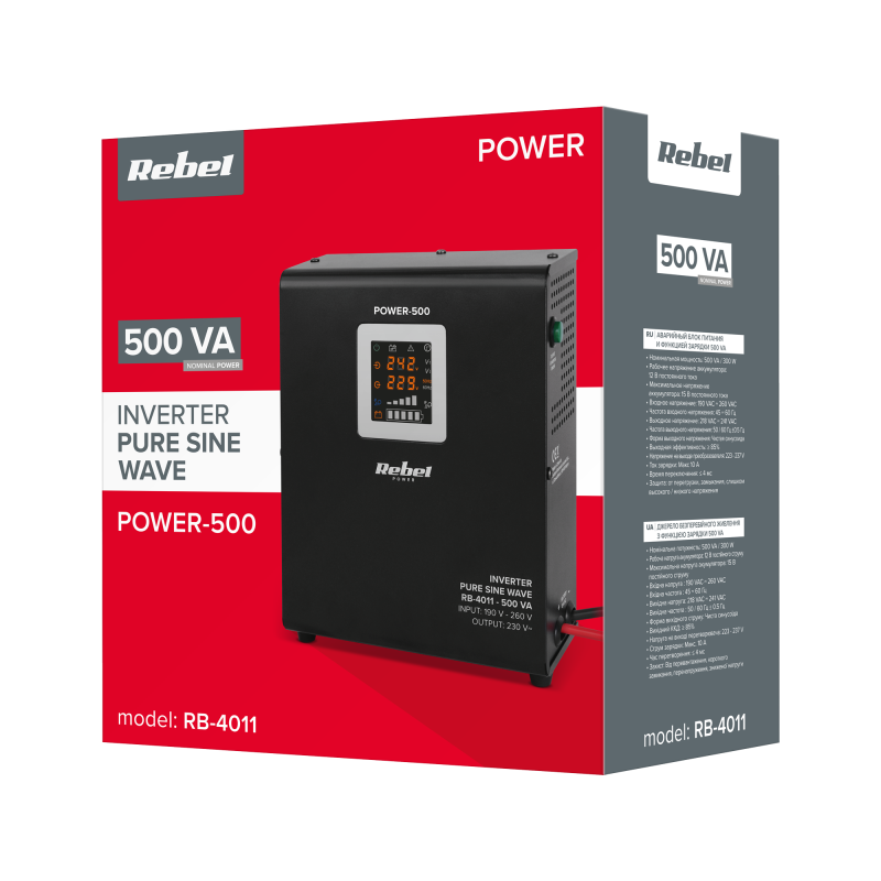 Zasilacz Awaryjny Naścienny Rebel POWER-500 - przetwornica z czystym przebiegiem sinusoidalnym i funkcją ładowania 12V 230V 500V