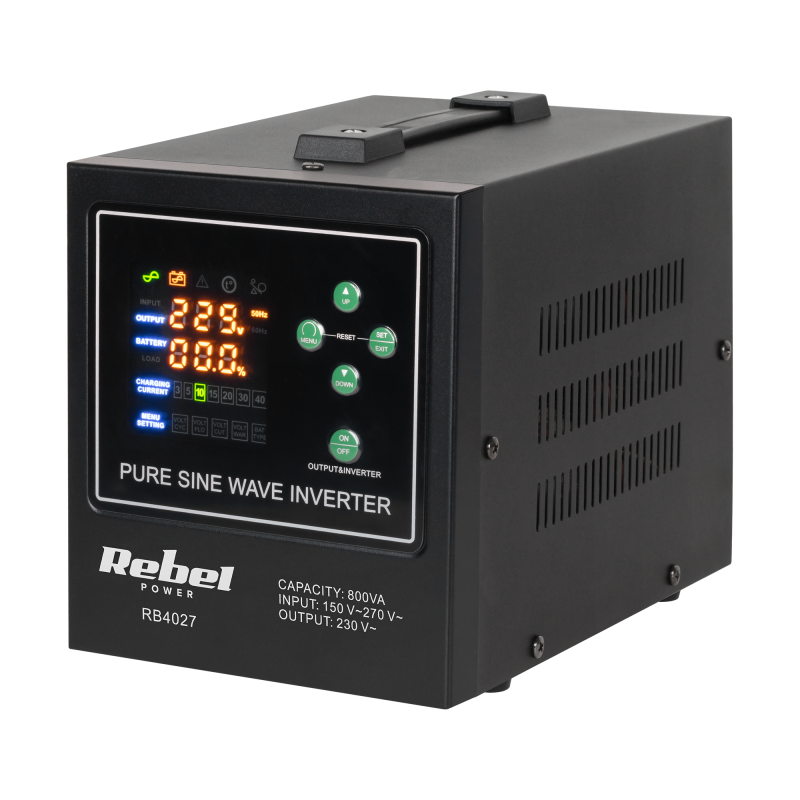 Zasilacz awaryjny Rebel POWER-800-LFP4 - przetwornica z czystym przebiegiem sinusoidalnym i funkcją ładowania 12V 230V 800VA/500