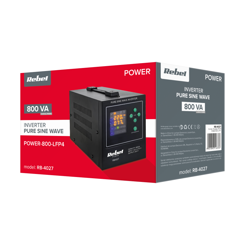 Zasilacz awaryjny Rebel POWER-800-LFP4 - przetwornica z czystym przebiegiem sinusoidalnym i funkcją ładowania 12V 230V 800VA/500