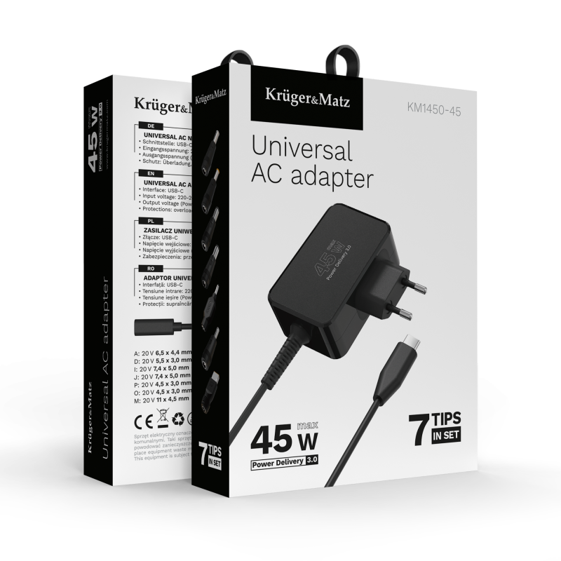 Zasilacz uniwersalny Kruger&Matz 45W z funkcją Power Delivery 7 końcówek