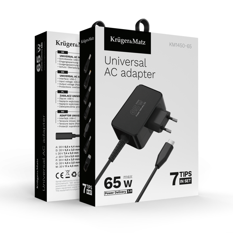 Zasilacz uniwersalny Kruger&Matz 65W z funkcją Power Delivery 7 końcówek