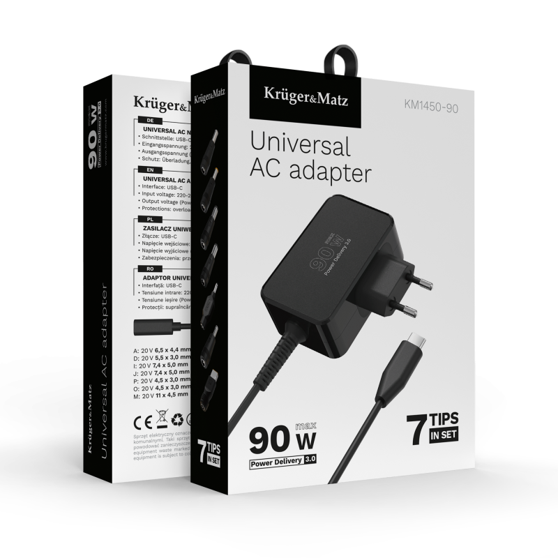 Zasilacz uniwersalny Kruger&Matz 90W z funkcją Power Delivery 7 końcówek