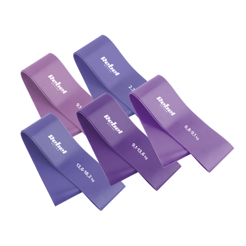 Zestaw gum do ćwiczeń lateksowy - Mini Band L, 2.3-18.2 kg, 5 gum, fioletowy, REBEL ACTIVE