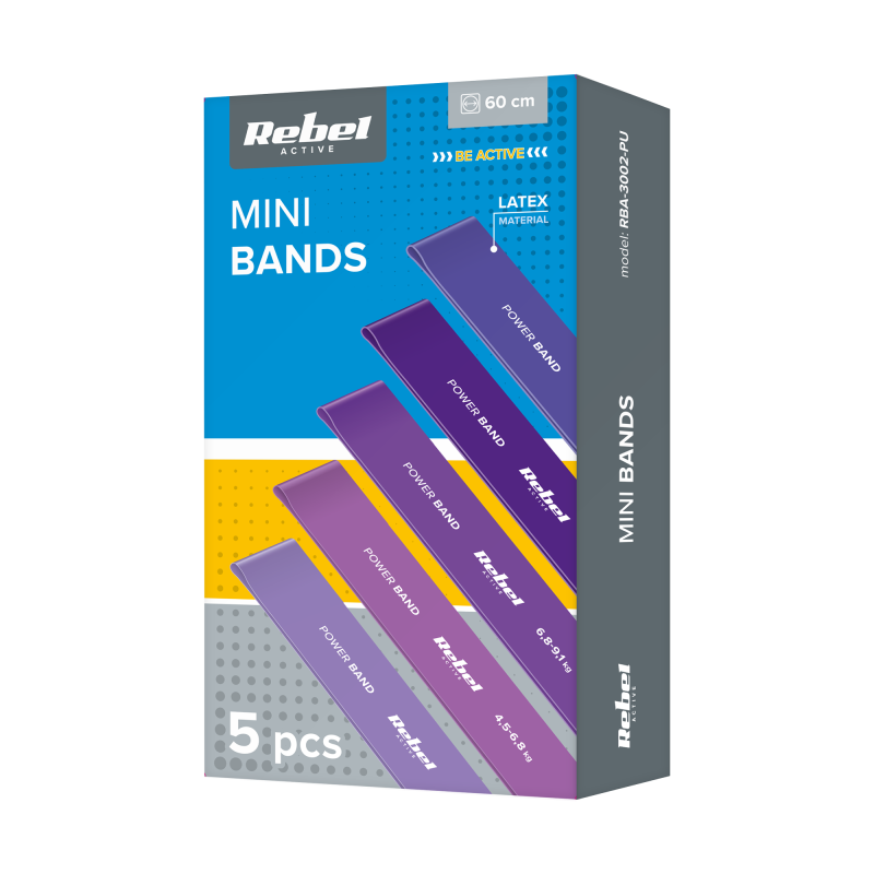 Zestaw gum do ćwiczeń lateksowy - Mini Band L, 2.3-18.2 kg, 5 gum, fioletowy, REBEL ACTIVE