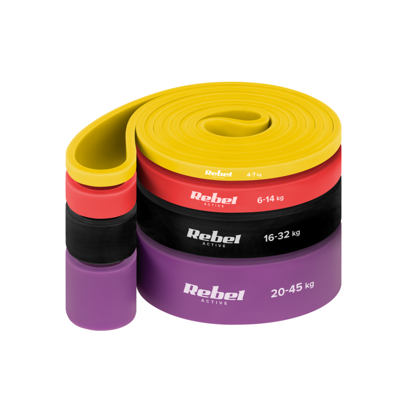 Zestaw gum do ćwiczeń lateksowy - Power Band PLs-2, 4-45 kg, 4 gumy, REBEL ACTIVE