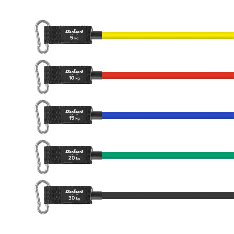Zestaw gum oporowych do ćwiczeń - Power Tube Set , 5-80 kg, 5 gumy, REBEL ACTIVE