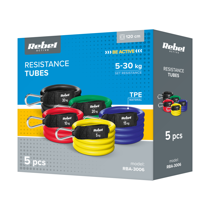 Zestaw gum oporowych do ćwiczeń - Power Tube Set , 5-80 kg, 5 gumy, REBEL ACTIVE