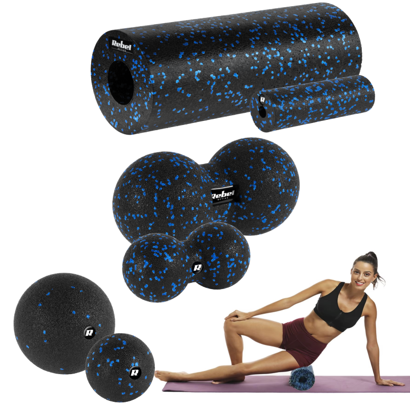 Zestaw wałek do masażu, mini roller, 2 piłki, 2 duoball-e , 6 elementów, kolor czarno-niebieski, materiał EPP, REBEL ACTIVE